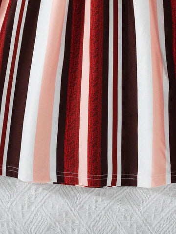 Little Girls' Striped Patchwork Digital Print Dress For Summer Vacation