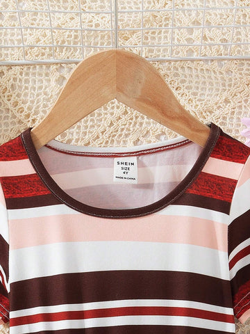 Little Girls' Striped Patchwork Digital Print Dress For Summer Vacation