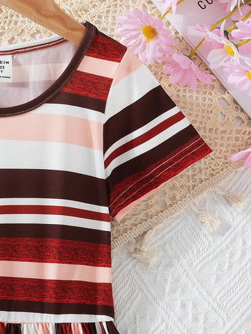 Little Girls' Striped Patchwork Digital Print Dress For Summer Vacation