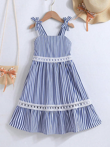 Little Girls' Striped Spaghetti Strap Dress With Embroidery Floral Designs, Perfect For Spring & Summer Holidays
