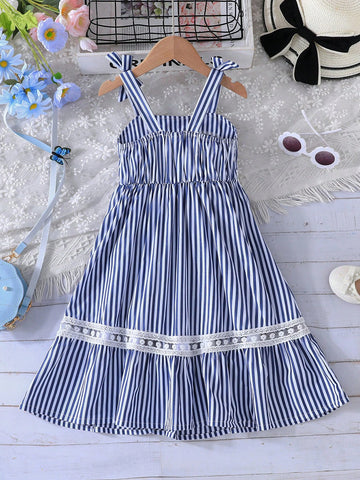 Little Girls' Striped Spaghetti Strap Dress With Embroidery Floral Designs, Perfect For Spring & Summer Holidays