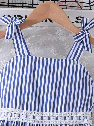 Little Girls' Striped Spaghetti Strap Dress With Embroidery Floral Designs, Perfect For Spring & Summer Holidays