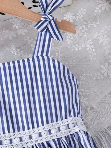 Little Girls' Striped Spaghetti Strap Dress With Embroidery Floral Designs, Perfect For Spring & Summer Holidays