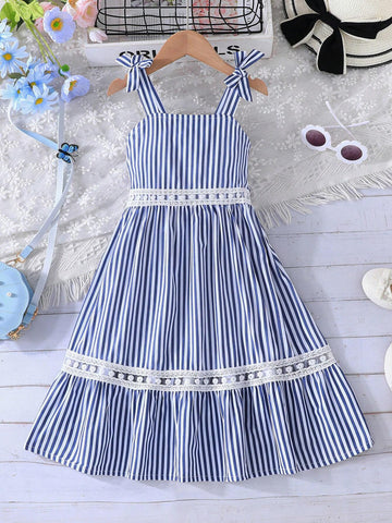 Little Girls' Striped Spaghetti Strap Dress With Embroidery Floral Designs, Perfect For Spring & Summer Holidays
