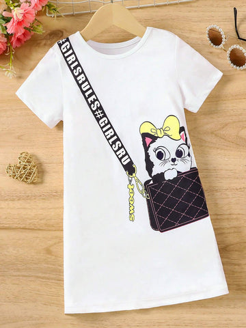 Little Girls' Summer Fashionable Cat Crossbody Bag Printed Short Sleeve Knit Dress, Simple & Comfortable Casual Outfit