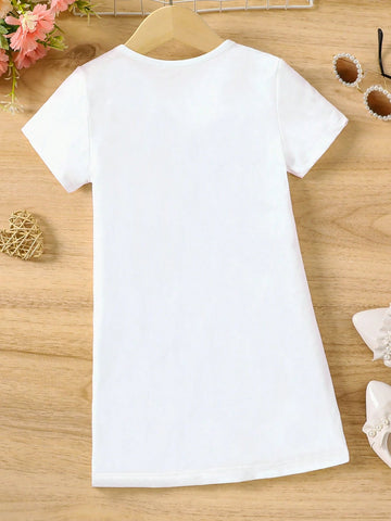 Little Girls' Summer Fashionable Cat Crossbody Bag Printed Short Sleeve Knit Dress, Simple & Comfortable Casual Outfit