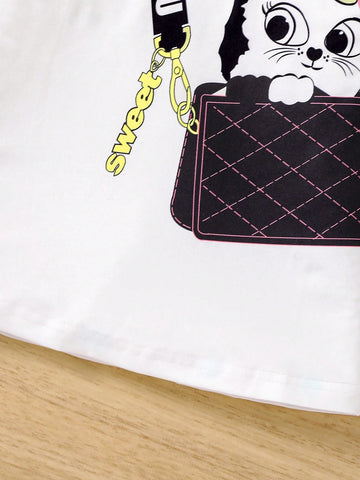Little Girls' Summer Fashionable Cat Crossbody Bag Printed Short Sleeve Knit Dress, Simple & Comfortable Casual Outfit