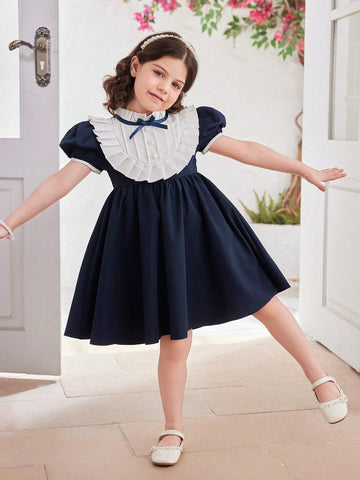 Little Girls' Summer Short Sleeve Dress With Lace, Bow And Pleated Design