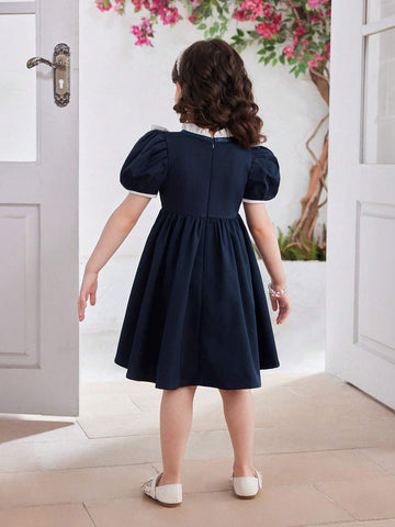 Little Girls' Summer Short Sleeve Dress With Lace, Bow And Pleated Design