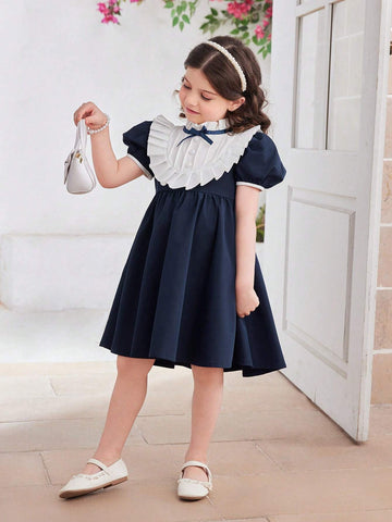Little Girls' Summer Short Sleeve Dress With Lace, Bow And Pleated Design