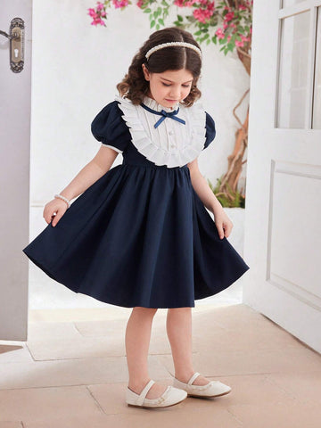 Little Girls' Summer Short Sleeve Dress With Lace, Bow And Pleated Design