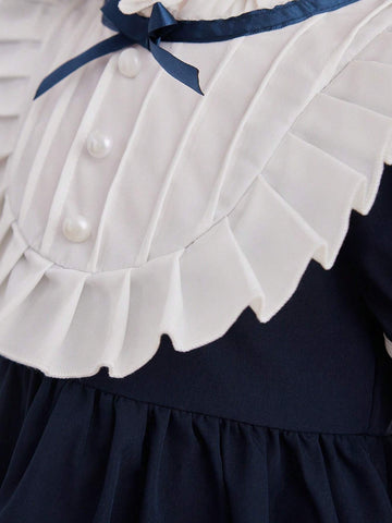 Little Girls' Summer Short Sleeve Dress With Lace, Bow And Pleated Design