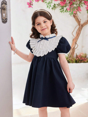 Little Girls' Summer Short Sleeve Dress With Lace, Bow And Pleated Design