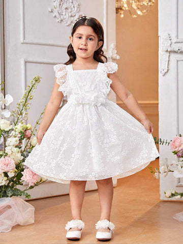 Little Girls' Sweet And Lovely Ombre Pink Butterfly Puff Sleeve Mesh Patchwork Dress