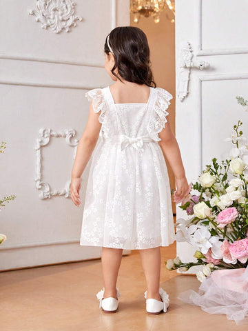 Little Girls' Sweet And Lovely Ombre Pink Butterfly Puff Sleeve Mesh Patchwork Dress