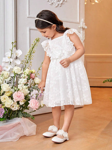Little Girls' Sweet And Lovely Ombre Pink Butterfly Puff Sleeve Mesh Patchwork Dress
