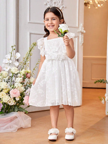 Little Girls' Sweet And Lovely Ombre Pink Butterfly Puff Sleeve Mesh Patchwork Dress