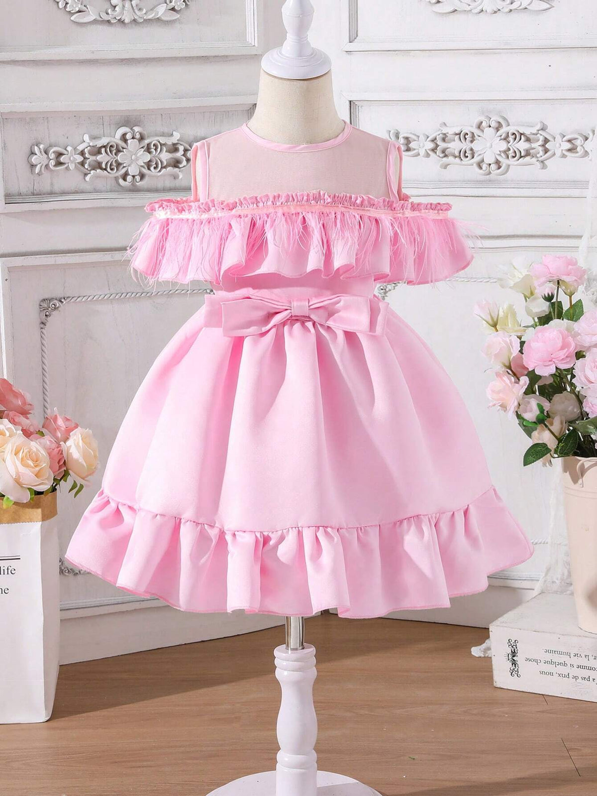 Little Girls' Sweet & Lovely Casual Holiday Fringed & Ruffle Spliced Mesh Dress