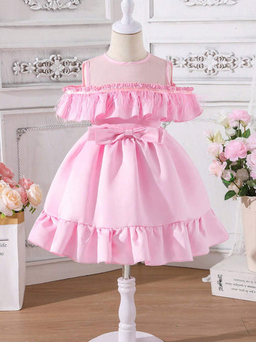 Little Girls' Sweet & Lovely Casual Holiday Fringed & Ruffle Spliced Mesh Dress