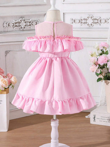 Little Girls' Sweet & Lovely Casual Holiday Fringed & Ruffle Spliced Mesh Dress