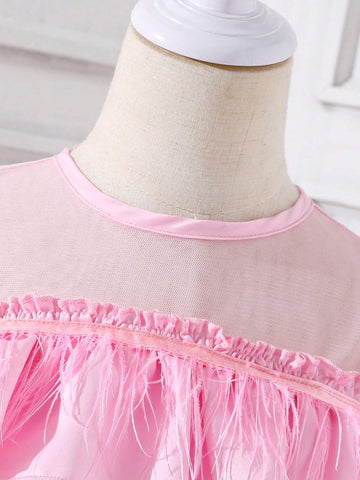 Little Girls' Sweet & Lovely Casual Holiday Fringed & Ruffle Spliced Mesh Dress