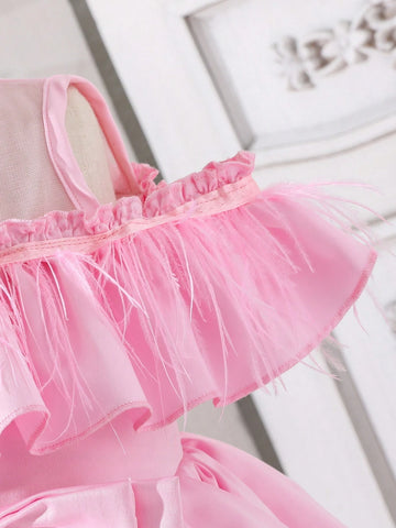 Little Girls' Sweet & Lovely Casual Holiday Fringed & Ruffle Spliced Mesh Dress