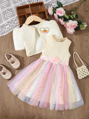 Little Girls' Woven Plaid Jacket And Rainbow Mesh Sequin Dress, 2pcs/Set