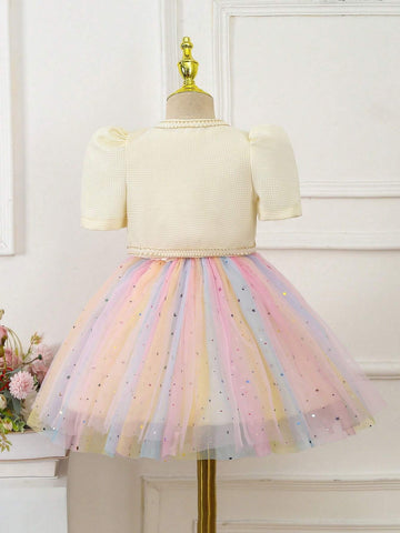Little Girls' Woven Plaid Jacket And Rainbow Mesh Sequin Dress, 2pcs/Set