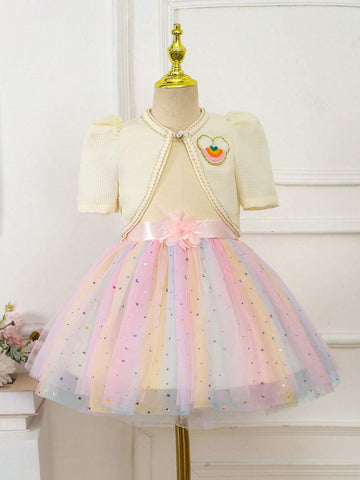 Little Girls' Woven Plaid Jacket And Rainbow Mesh Sequin Dress, 2pcs/Set