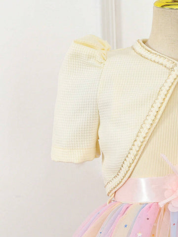 Little Girls' Woven Plaid Jacket And Rainbow Mesh Sequin Dress, 2pcs/Set