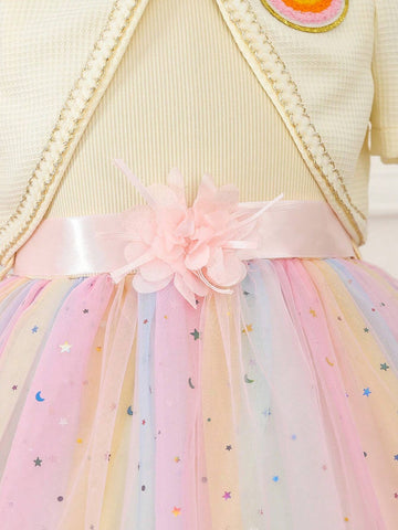 Little Girls' Woven Plaid Jacket And Rainbow Mesh Sequin Dress, 2pcs/Set