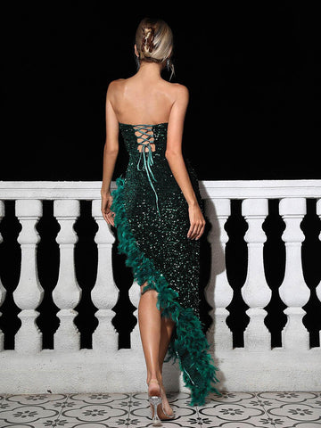 Lois Strapless Sequin Feather Trimmed Maxi Dress