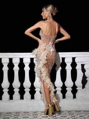 Lois Strapless Sequin Feather Trimmed Maxi Dress