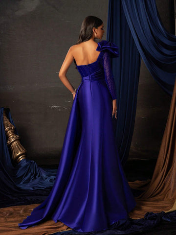 Long French Style High-End Elegant Formal Dress With Large Bow Decoration And High Slit