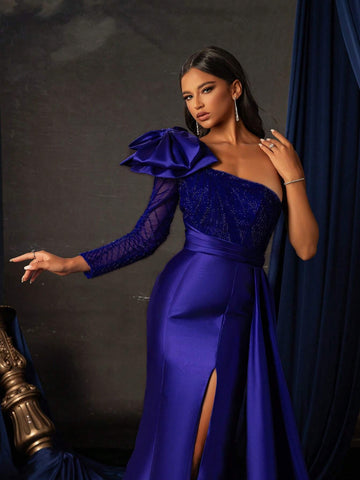 Long French Style High-End Elegant Formal Dress With Large Bow Decoration And High Slit