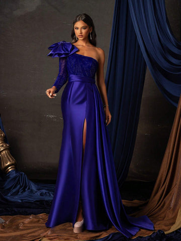 Long French Style High-End Elegant Formal Dress With Large Bow Decoration And High Slit