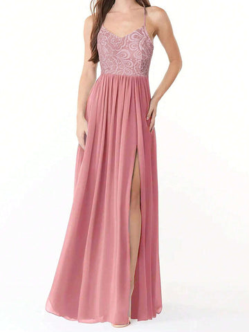 Long Off Shoulder Bridesmaid Dress With Lace Shoulder, Waist Belt And Slit Skirt