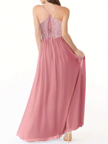Long Off Shoulder Bridesmaid Dress With Lace Shoulder, Waist Belt And Slit Skirt