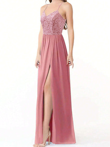 Long Off Shoulder Bridesmaid Dress With Lace Shoulder, Waist Belt And Slit Skirt
