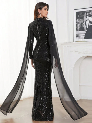 Long Sleeve Black Hooded Cloak, Elegant Party Evening Gown