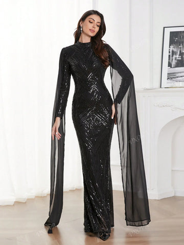 Long Sleeve Black Hooded Cloak, Elegant Party Evening Gown