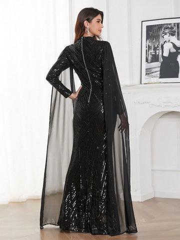 Long Sleeve Black Hooded Cloak, Elegant Party Evening Gown