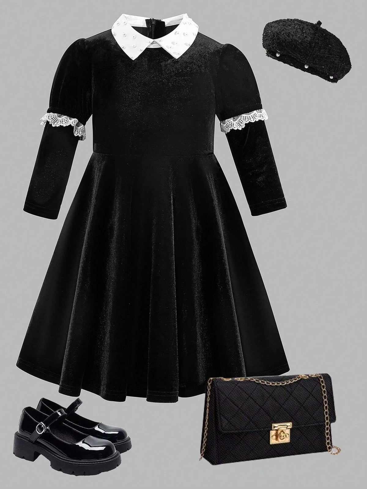 Long Sleeve Color Block Lace Trim Elegant Dress For Young Girls