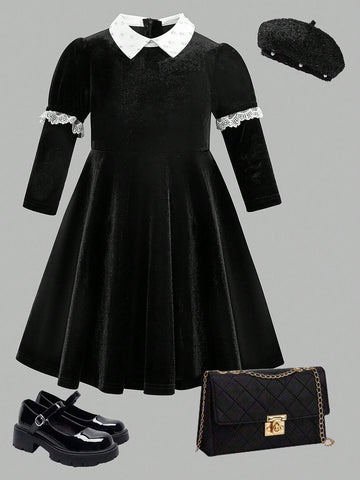 Long Sleeve Color Block Lace Trim Elegant Dress For Young Girls