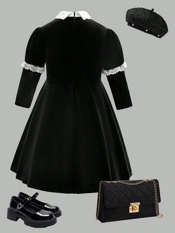 Long Sleeve Color Block Lace Trim Elegant Dress For Young Girls