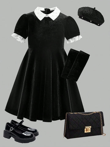 Long Sleeve Color Block Lace Trim Elegant Dress For Young Girls