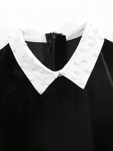 Long Sleeve Color Block Lace Trim Elegant Dress For Young Girls