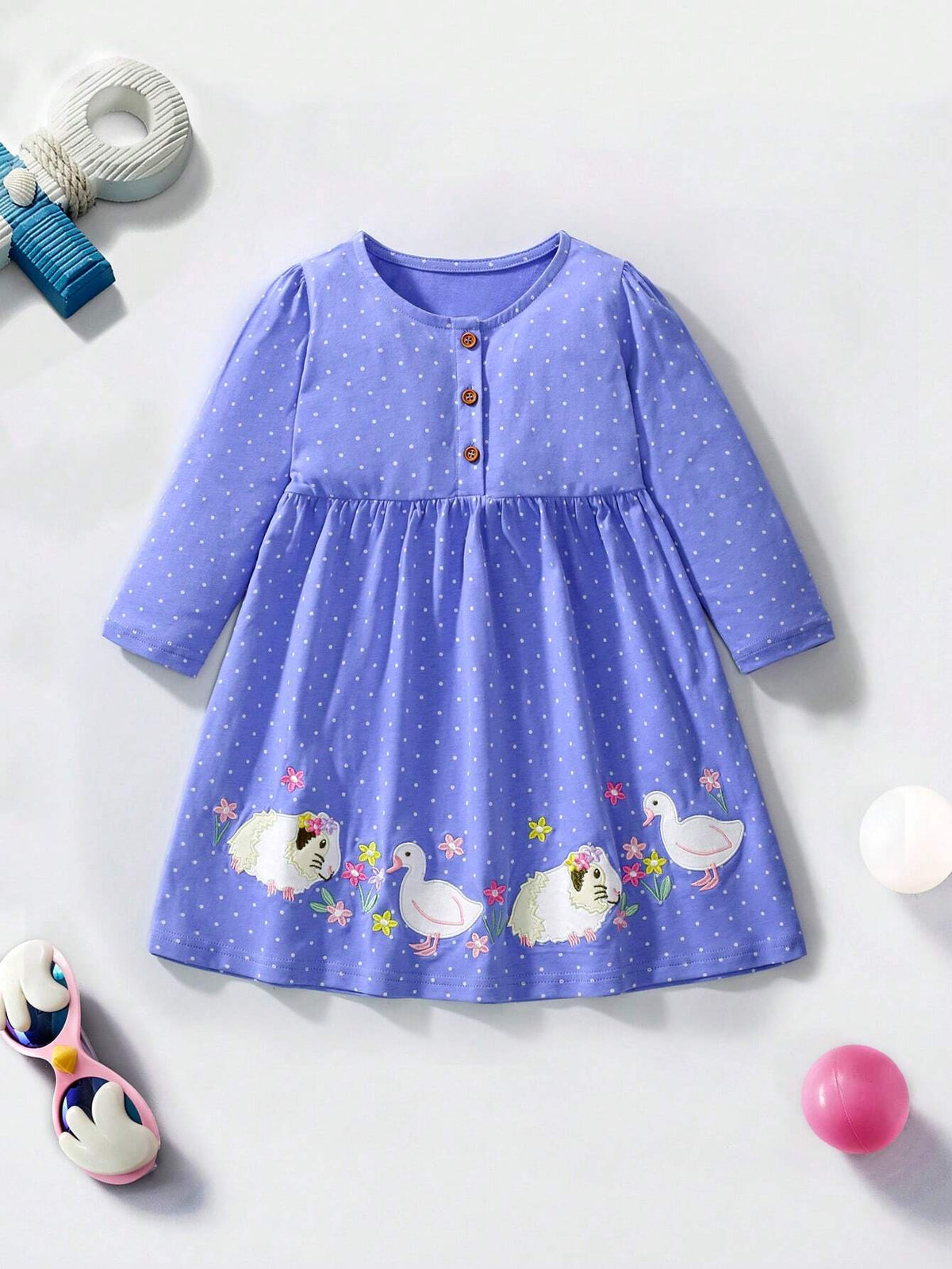 Long Sleeve Dress For Young Girl With Cute Rabbit & Duck Embroidery Pattern, Fashionable Style For Autumn