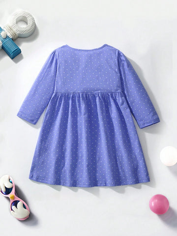 Long Sleeve Dress For Young Girl With Cute Rabbit & Duck Embroidery Pattern, Fashionable Style For Autumn