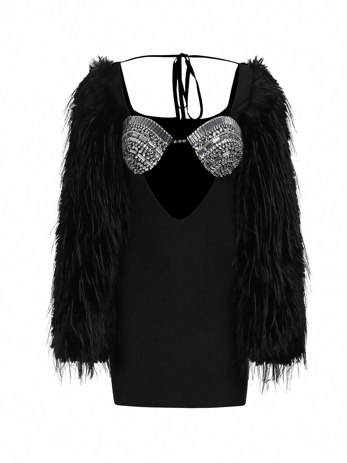 Long Sleeve Furry Bustier Bandage Dress With Handmade Chain For Sexy Party And Dance Club For Elegant Women